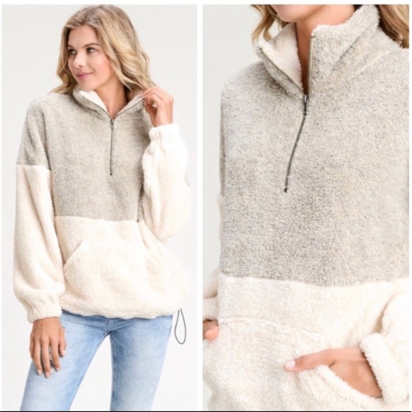 Fuzzy Half-Zip Gray/Cream Fleece Pullover Top Size Small - Picture 4 of 5